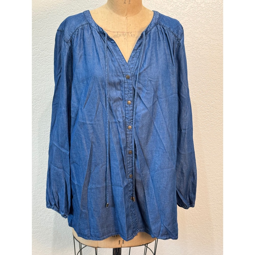 Avenue Womens Blue Lyocell Cotton Blend Chambray Boho Peasant Blouse Size 18/20
